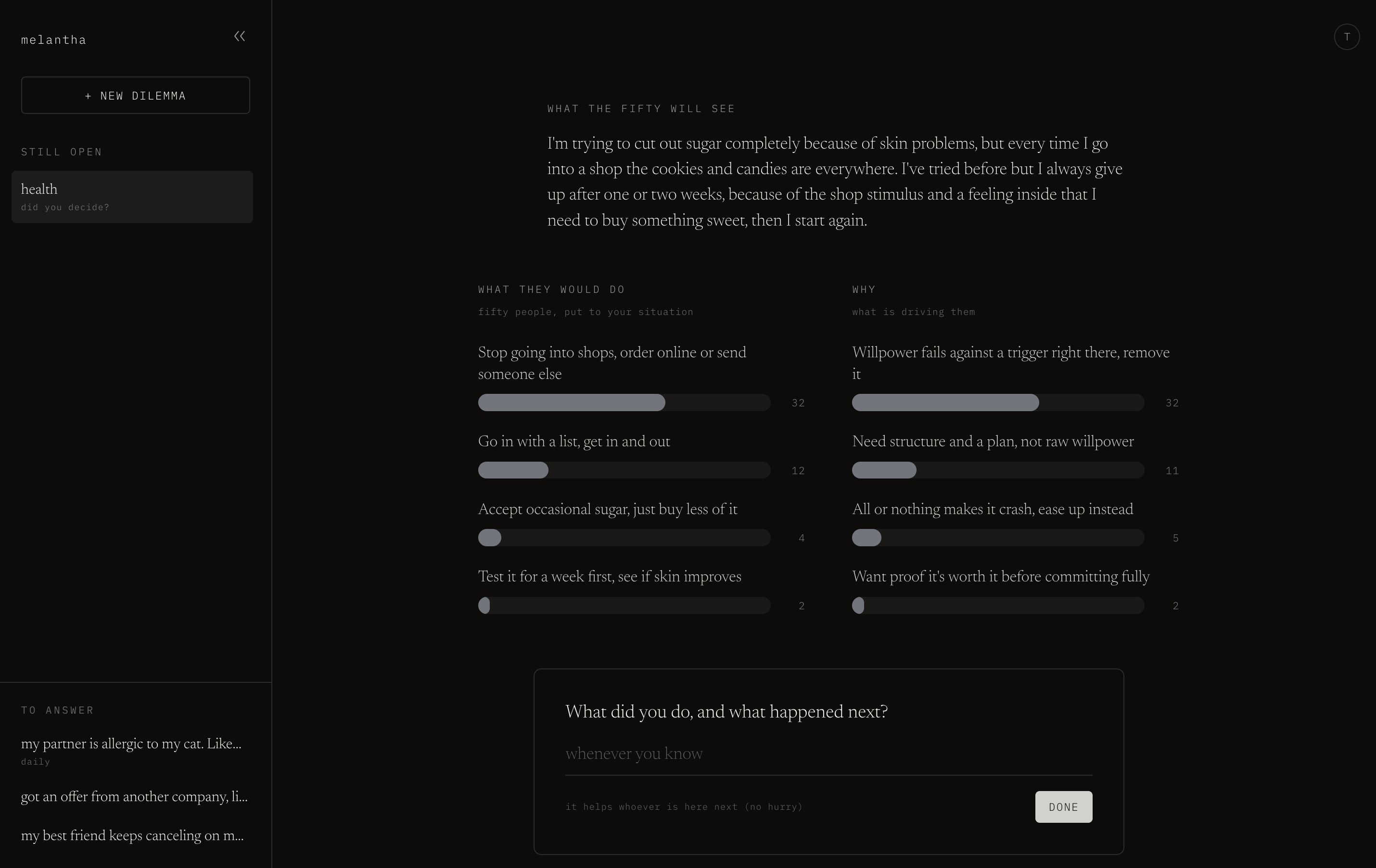 The results: what fifty people would do and why, as bars with counts, and a box asking what you did and what happened next