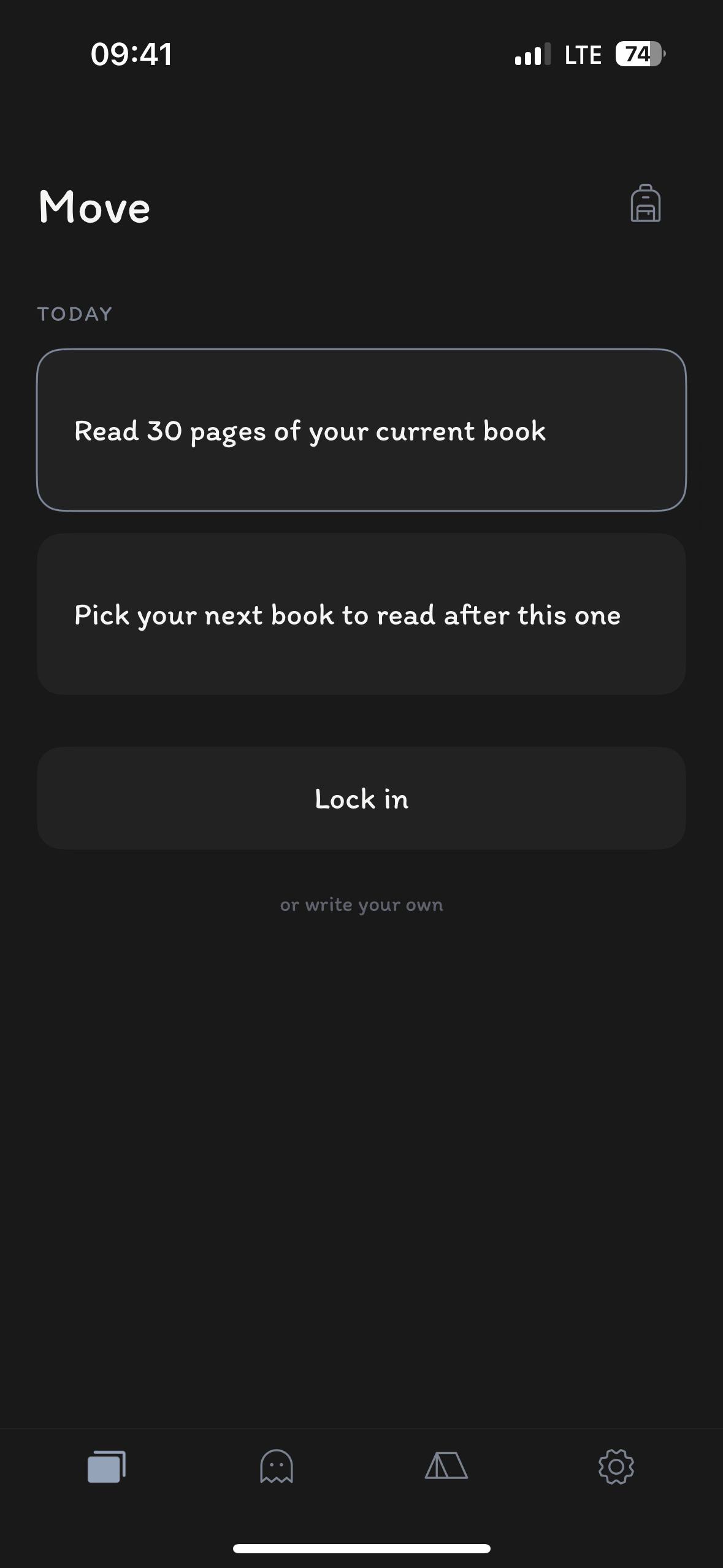 After: the Move screen offering one task, Read 30 pages of your current book, and a Lock in button
