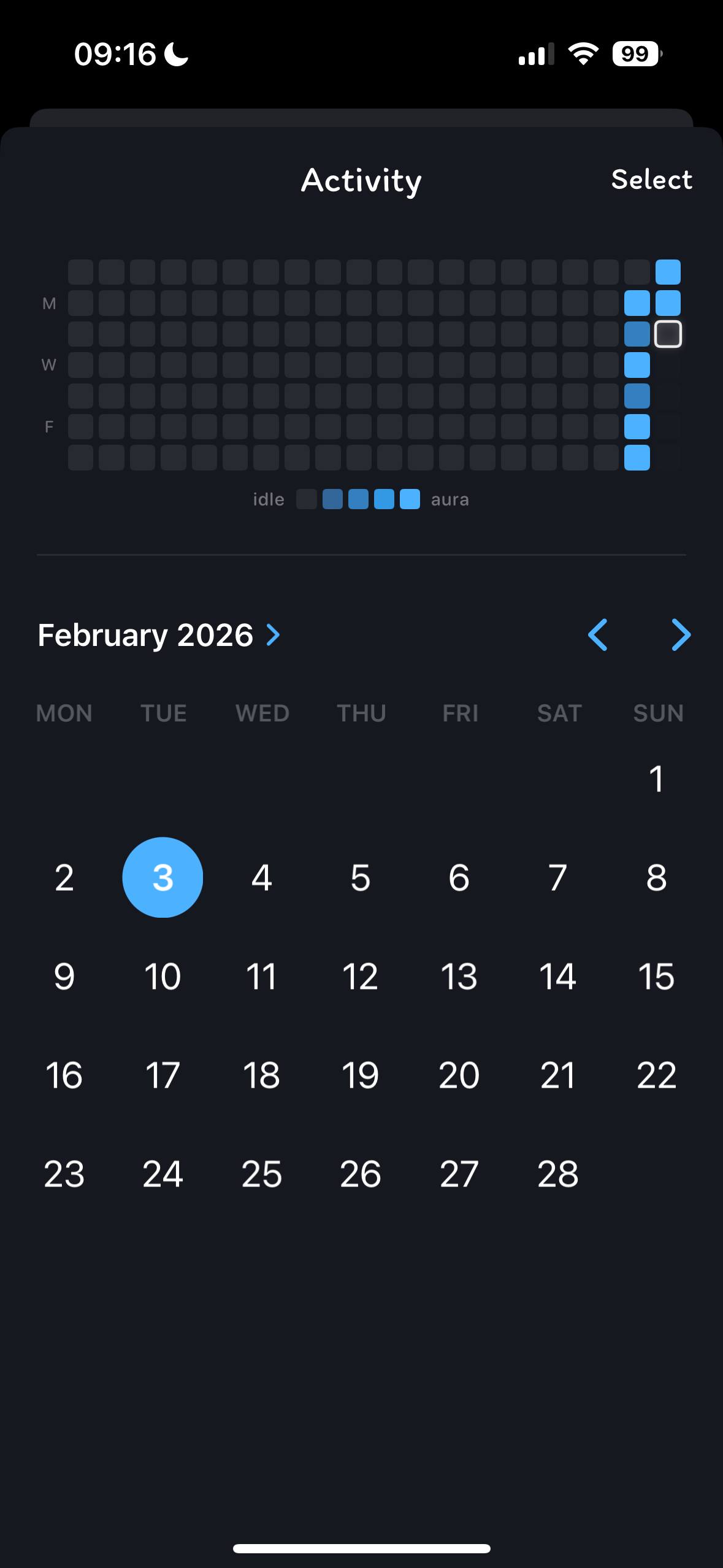 Before: an Activity screen with a contribution-style grid and a February 2026 calendar
