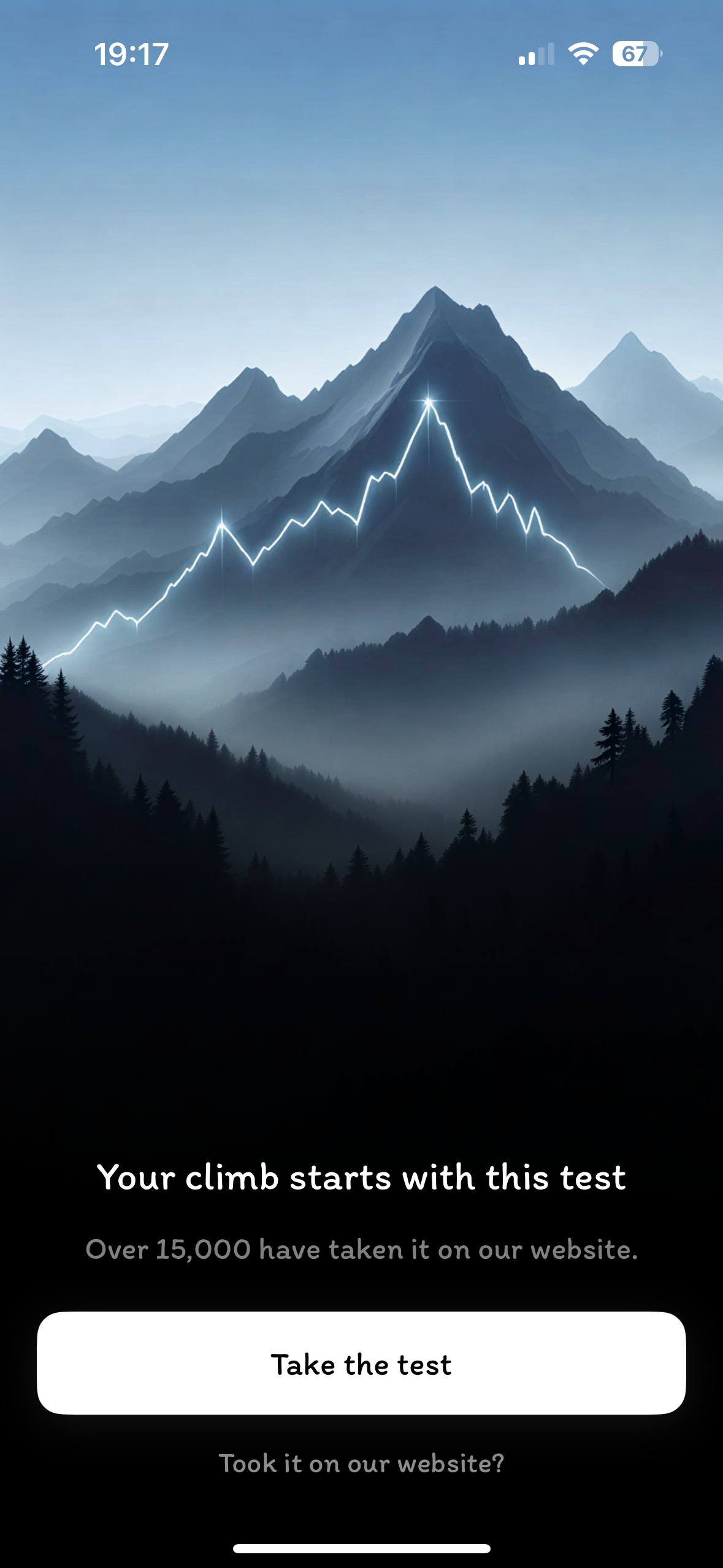 nightmare: "Your climb starts with this test" over a mountain with a glowing line, and a Take the test button