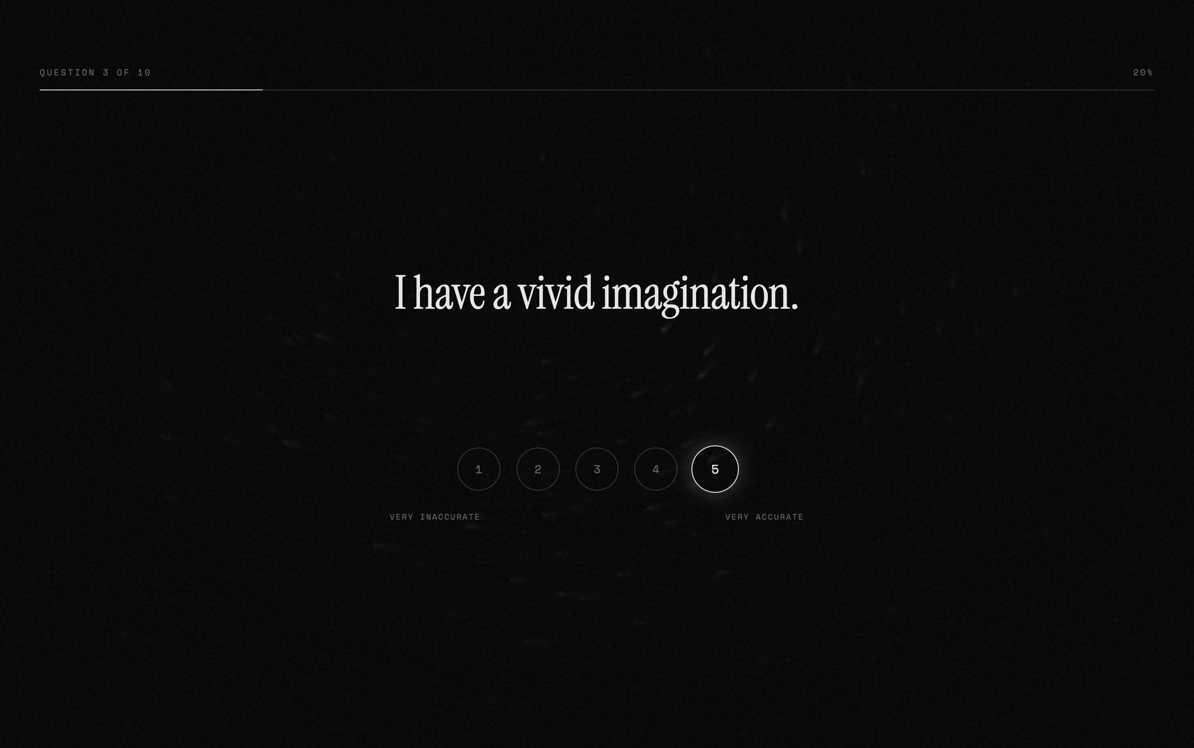 A test question, "I have a vivid imagination.", with a scale from 1 to 5, question 3 of 10