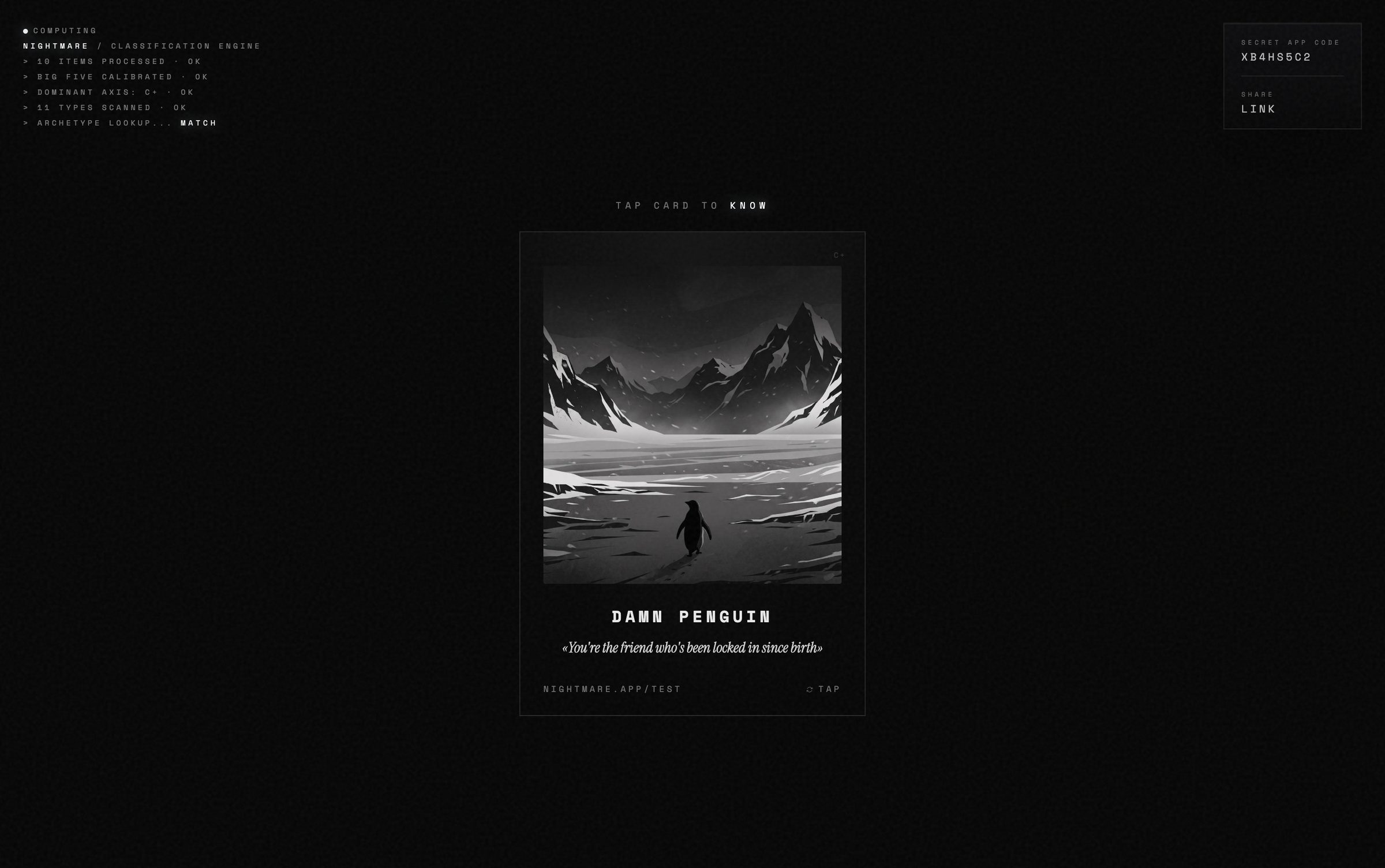 The result card, "Damn Penguin", over a snowy landscape, with the secret app code in the corner